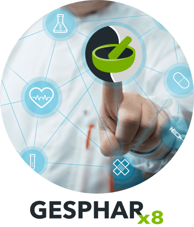 Logo de GESPHARx8 sur un écran tactile, cliqué par un pharmacie pour accéder à l'application de gestion des activités de la pharmacie.