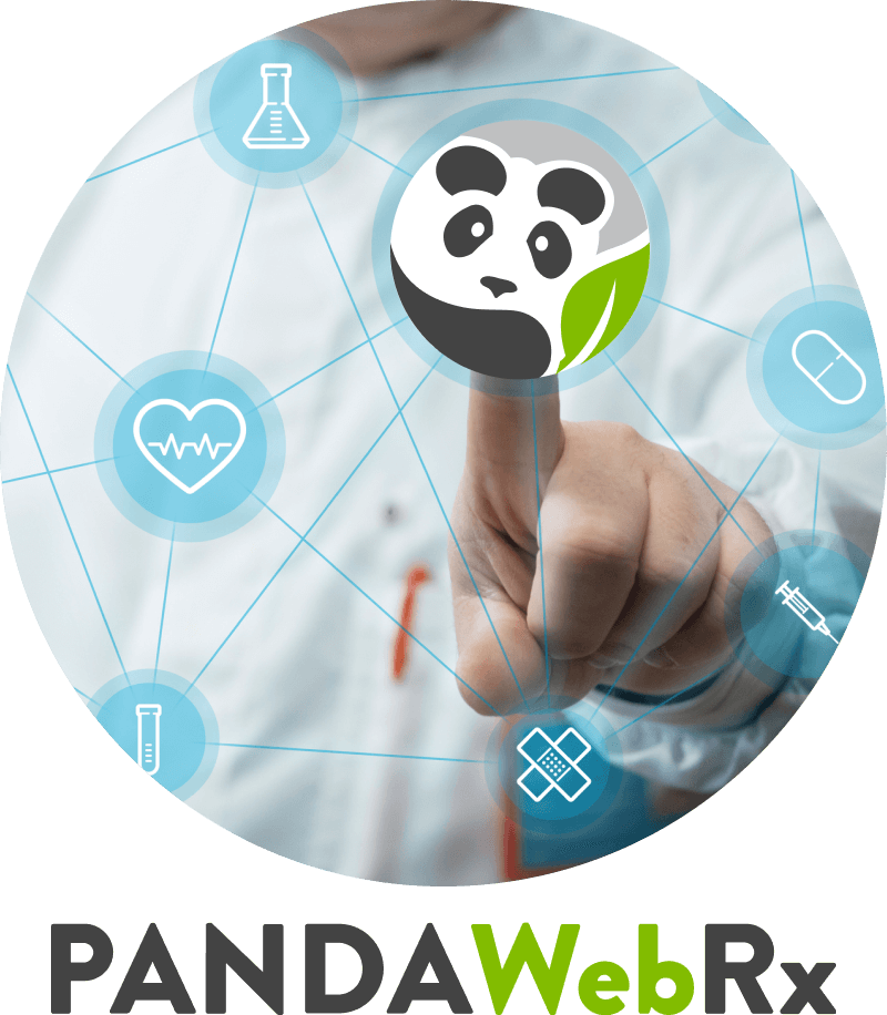Logo de PANDAWebRx sur un écran tactile, cliqué par un médecin pour accéder à l'application de gestion des prescriptions médicales.