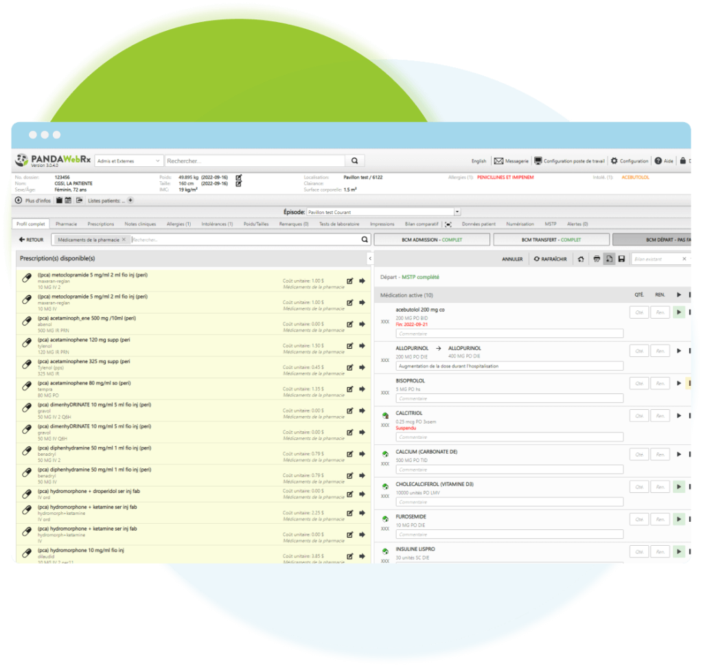 Capture d'écran de PANDAWebRx montrant le BCM (Bilan Comparatif des Médicaments), permettant une analyse approfondie des régimes médicamenteux des patients pour une gestion optimale.