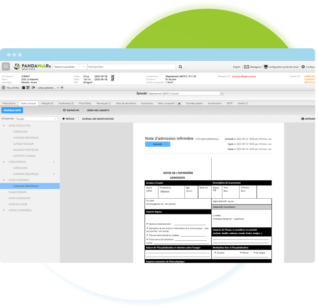 Capture d'écran de PANDAWebRx présentant les notes cliniques détaillées d'un patient pour une gestion précise des dossiers médicaux et un suivi optimal des traitements.