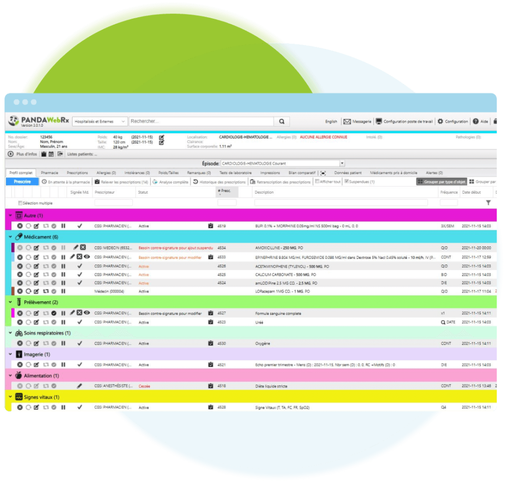 Capture d'écran de PANDAWebRx affichant le profil complet d'un patient pour une gestion détaillée des dossiers médicaux.