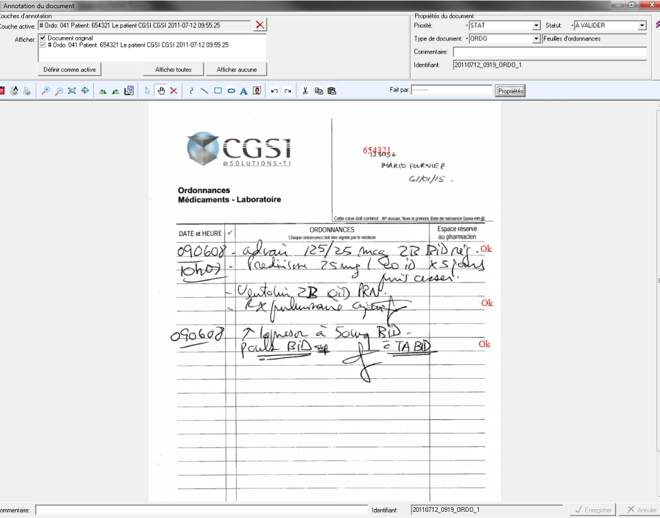 Capture d'écran de NUMERx2 montrant un utilisateur annotant une feuille d'ordonnance numérisée pour une gestion avancée des prescriptions médicales.